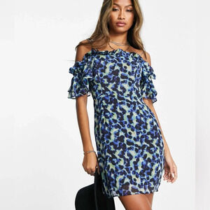 Topshop Frill Bardot Tie Off Shoulder Animal Print Mini Dress NWOT US Size 6